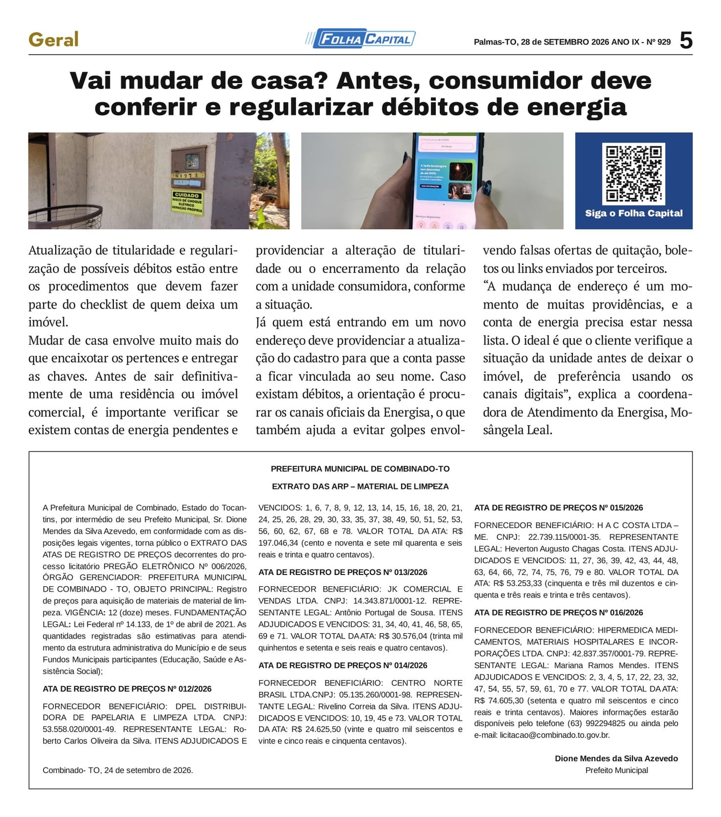 Combinado (TO) abre 5 atas de registro de preços para material de limpeza