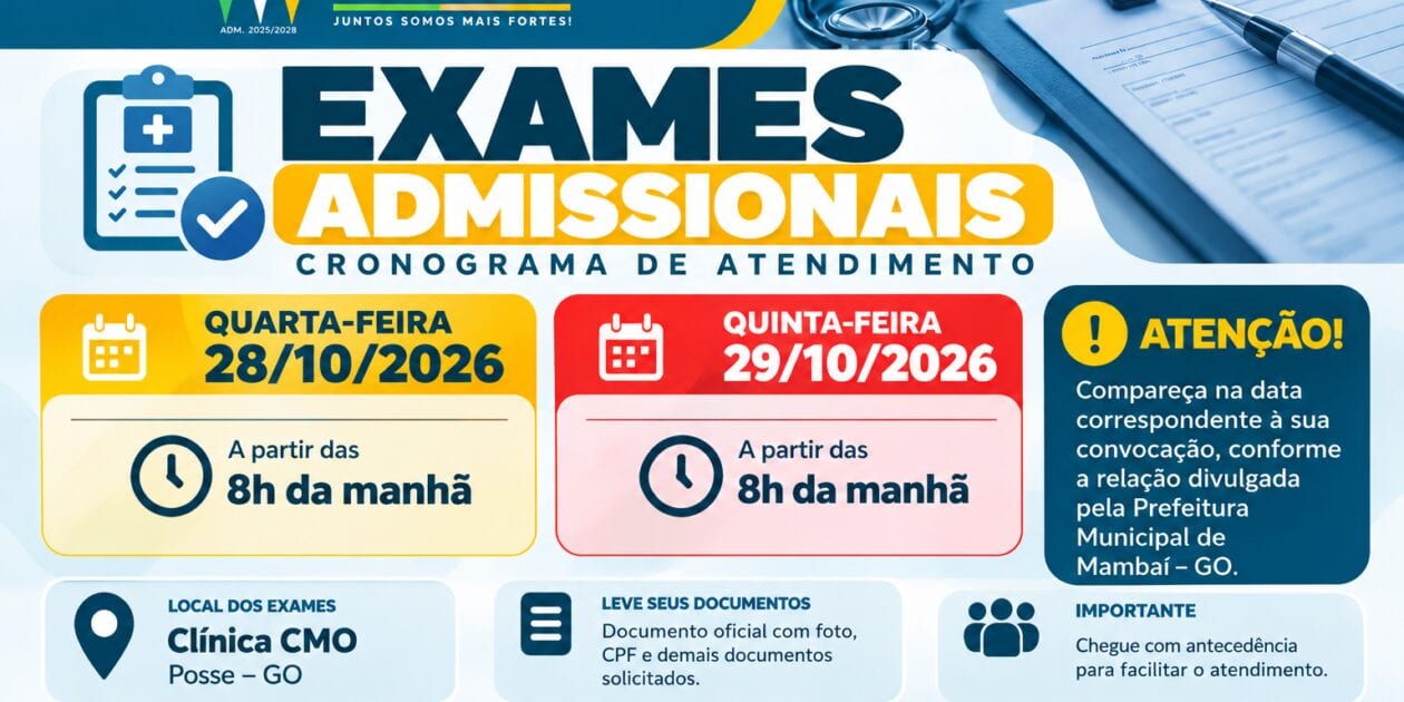 CRONOGRAMA DE EXAMES ADMISSIONAIS PARA CANDIDATOS CONVOCADOS
