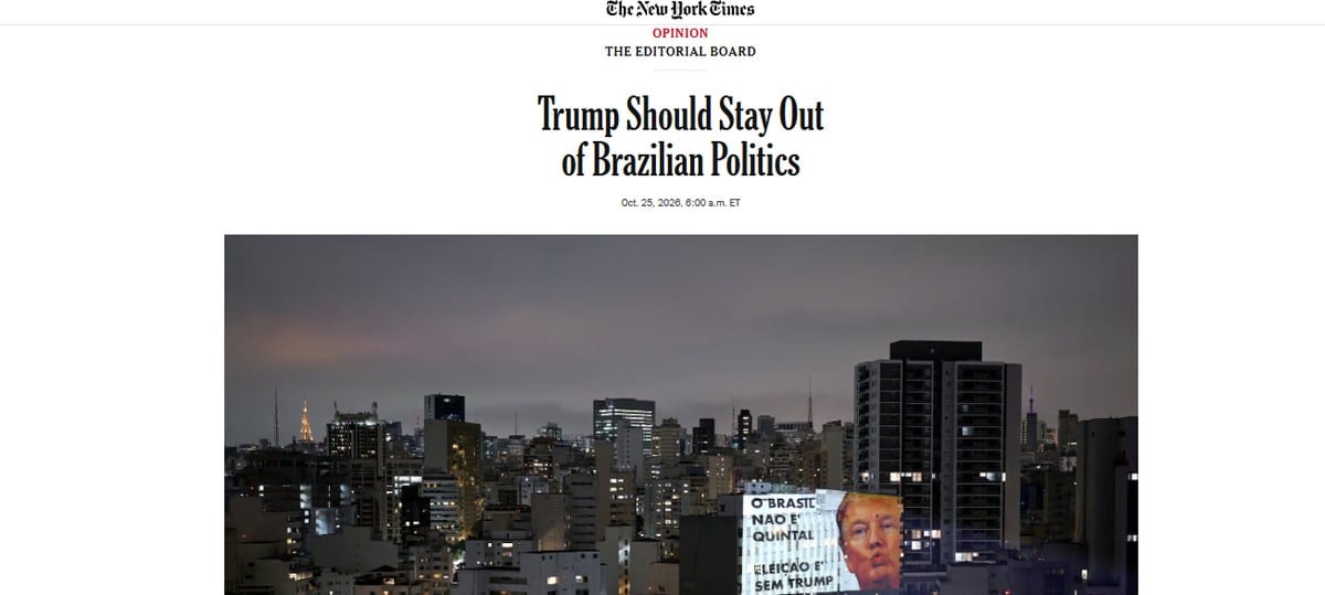Em editorial, NYT defende que Trump 'fique fora' da política brasileira em meio ao segundo turno