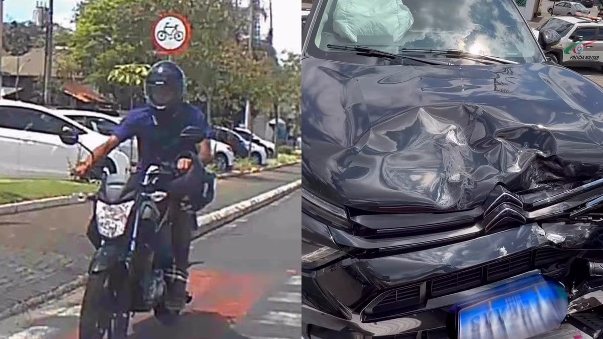 Motociclista em fuga da PM vem na contramão e bate de frente em carro que entrava na Prefeitura de Indaial