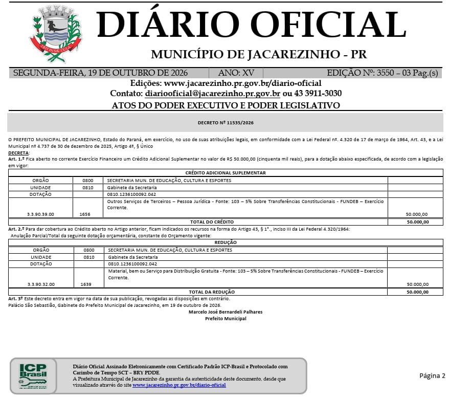 Prefeitura de Jacarezinho publica Decreto 11.534/2026 e troca interventor da Santa Casa