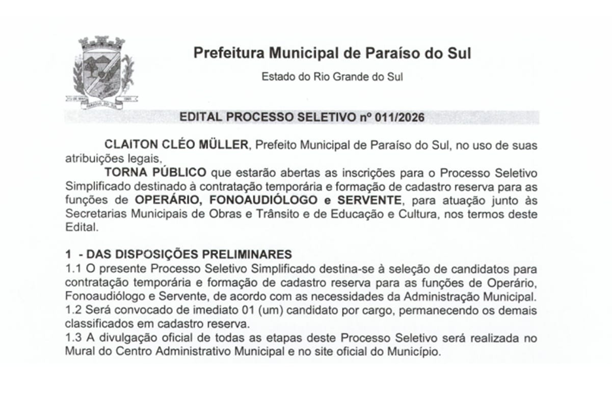Prefeitura de Paraíso do Sul abre inscrições do seletivo na segunda (14)