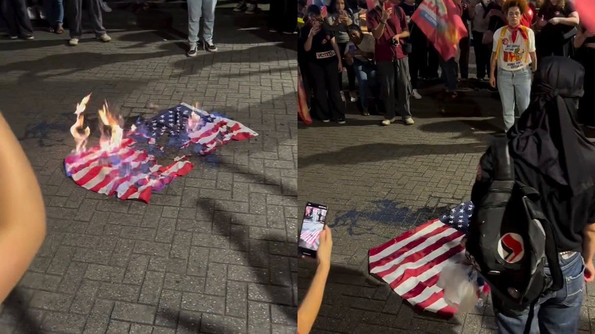 Manifestantes de extrema-esquerda queimam bandeira dos Estados Unidos durante ato por Lula em Blumenau