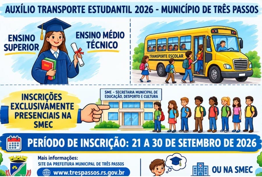 Três Passos abre inscrições presenciais para auxílio-transporte escolar