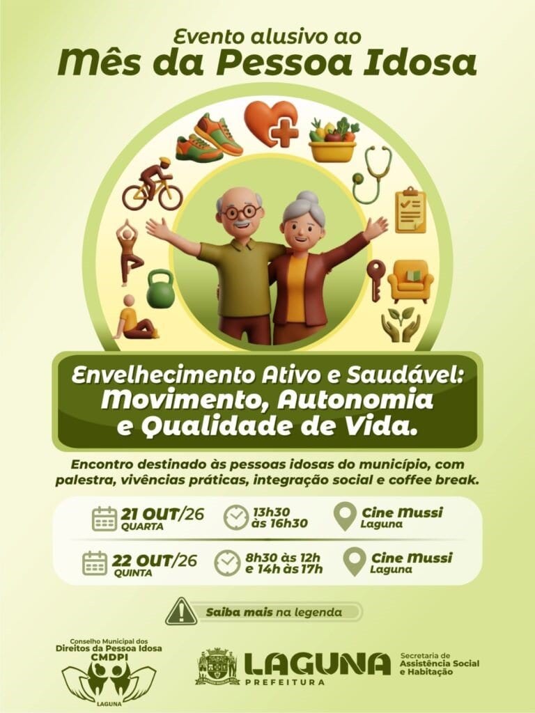 Laguna terá palestra e capacitação sobre envelhecimento saudável nos dias 21 e 22 de outubro