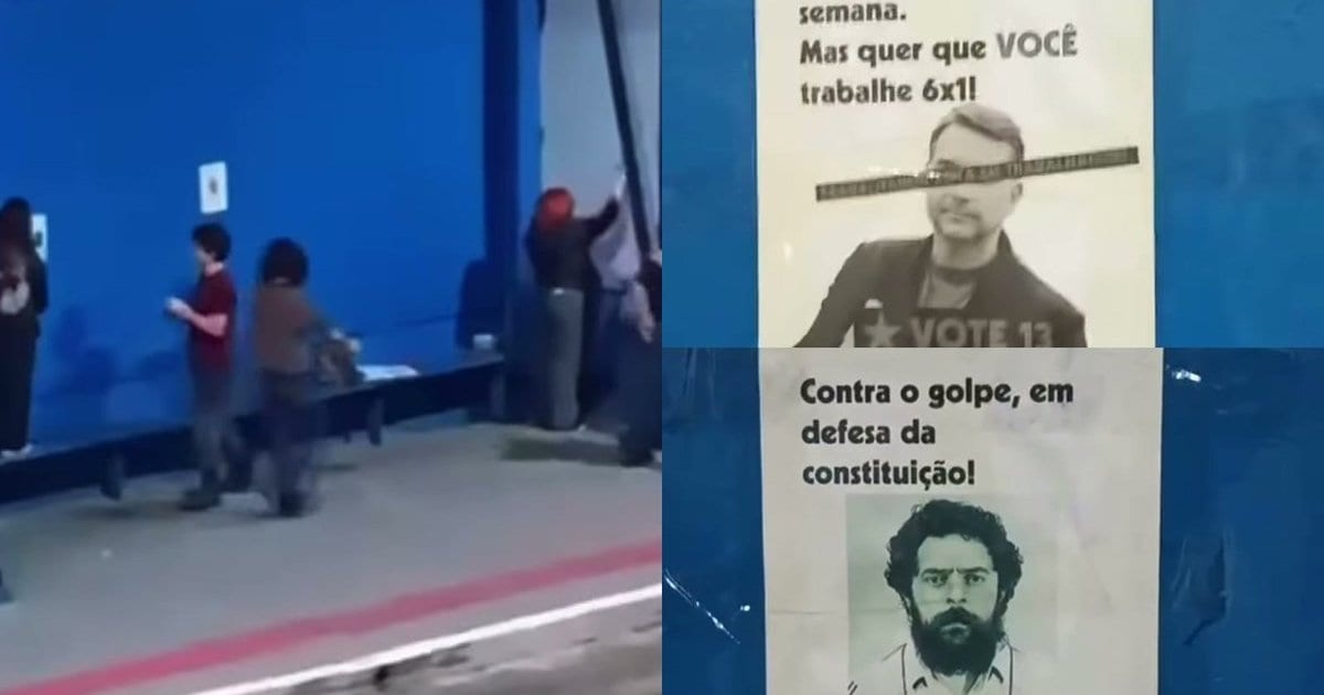 Moradores flagram grupo de jovens espalhando cartazes contra Flávio e a favor de Lula em terminal de SC