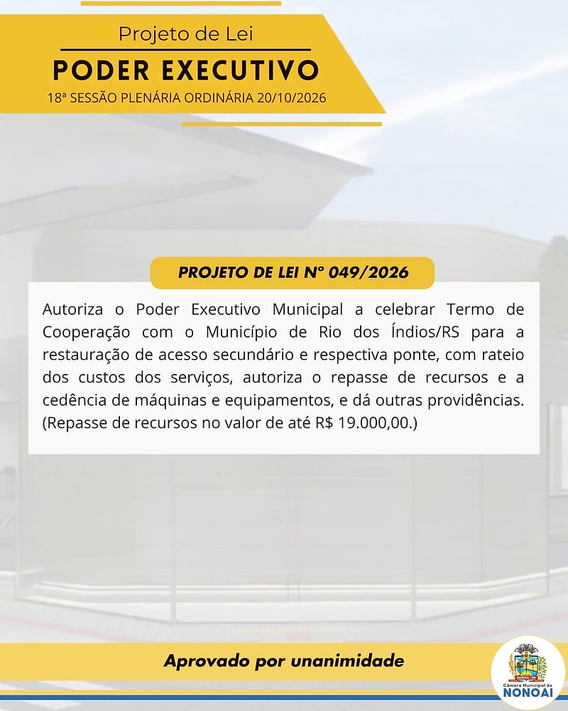 Câmara de Nonoai aprova dois projetos e moção na 18ª sessão