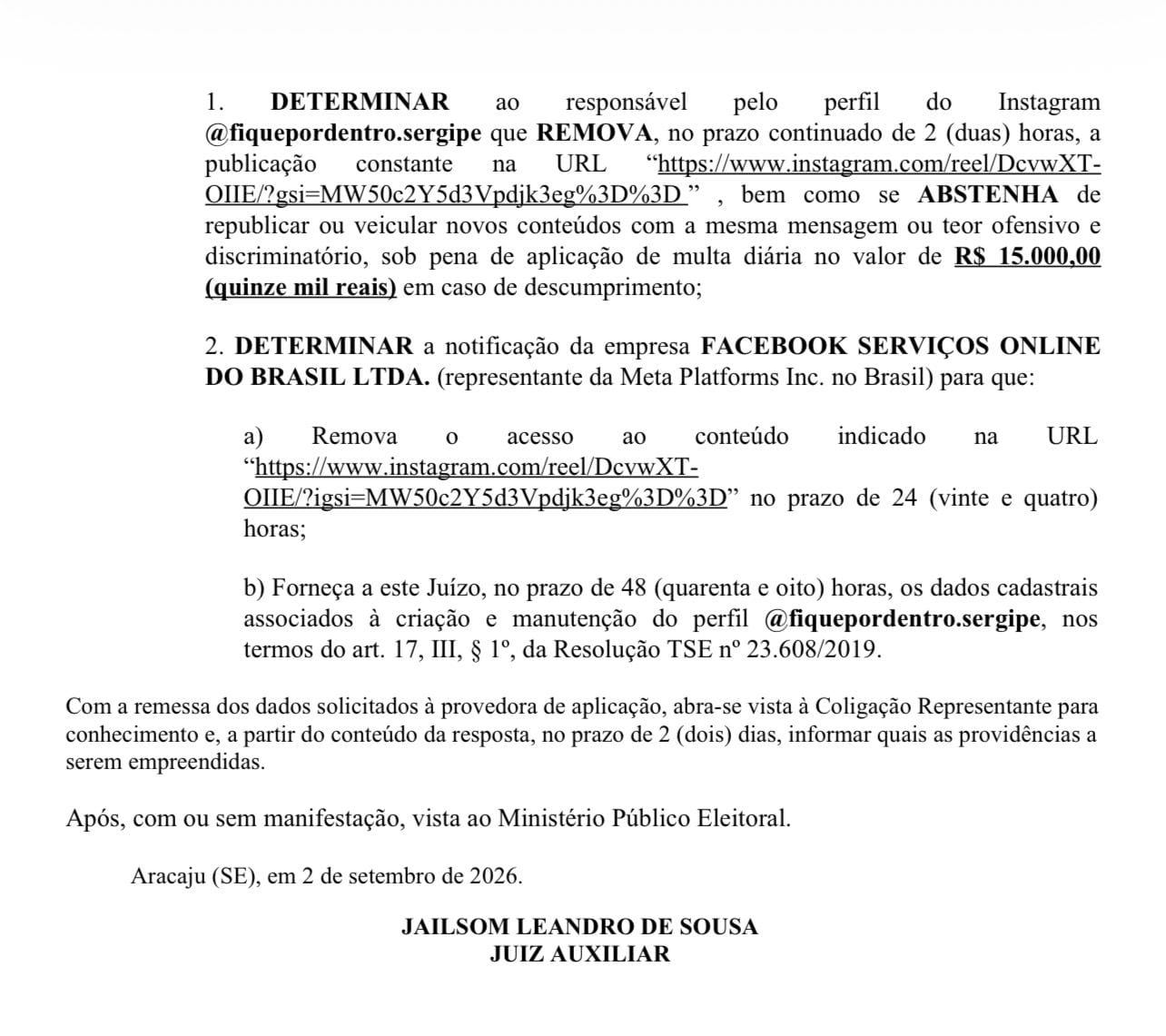 TRE-SE determina remoção de vídeo com discurso de ódio e intolerância religiosa contra primeira-dama Érica Mitidieri
