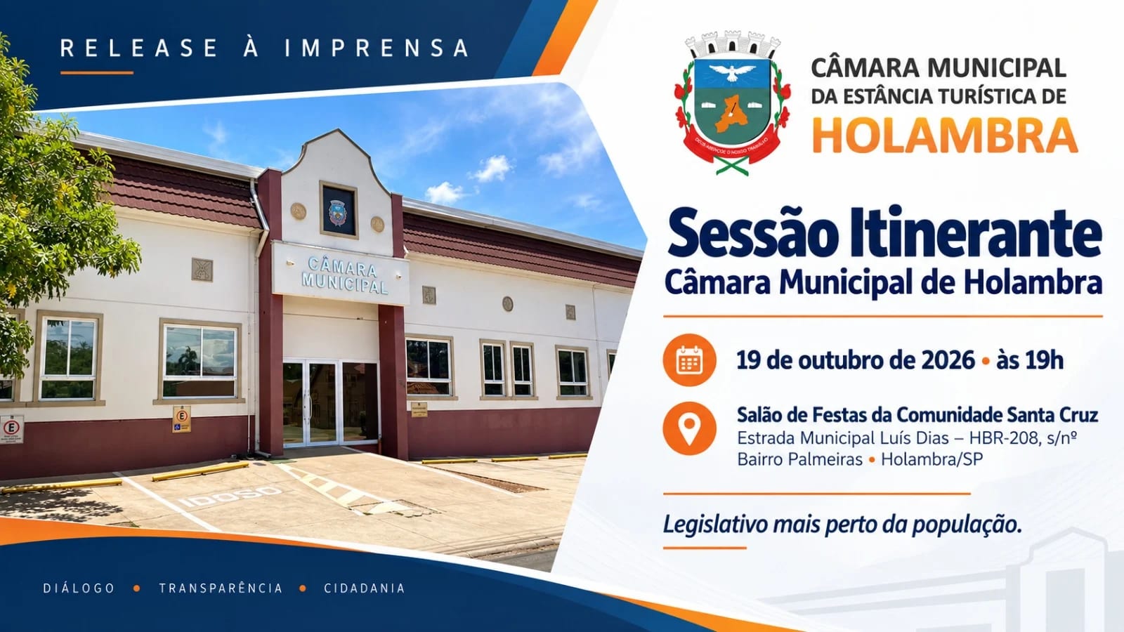 Câmara de Holambra fará sessão itinerante no Bairro Palmeiras em 19/10/2026