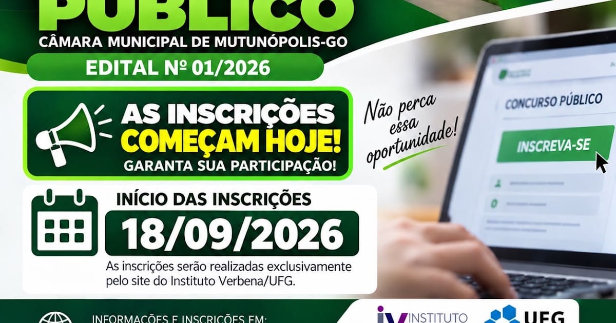 Inscrições abertas hoje para concurso da Câmara de Mutunópolis (GO)