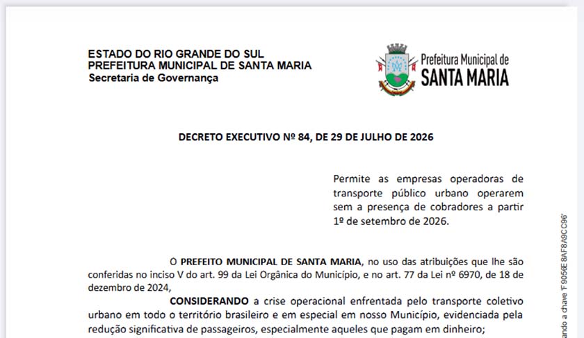 Santa Maria vai operar ônibus urbanos sem cobrador a partir de setembro