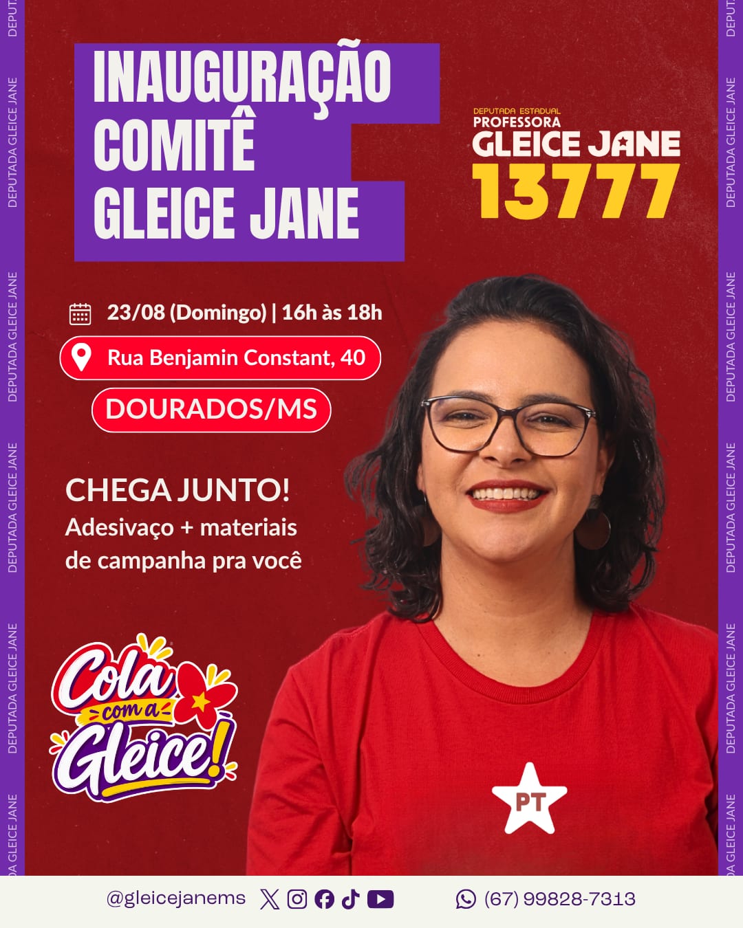 Professora Gleice Jane inaugura comitê em Dourados neste domingo (23)