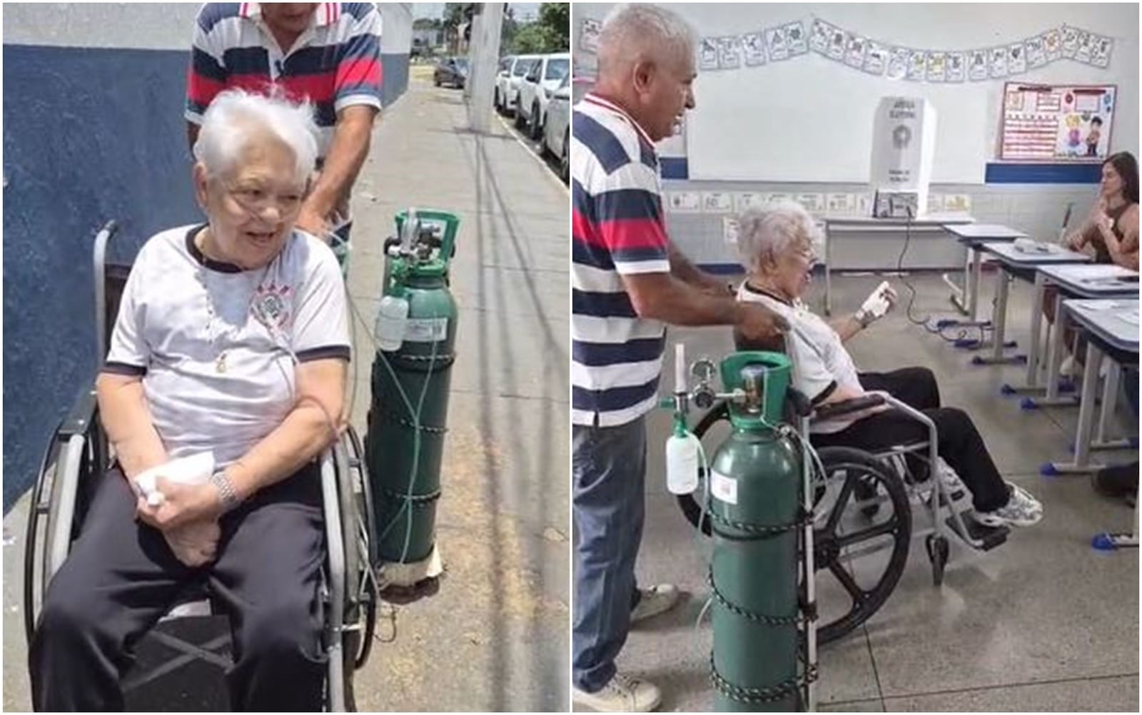 Bisavó de 83 anos faz questão de votar mesmo após balão de oxigênio apresentar problema durante trajeto até seção eleito