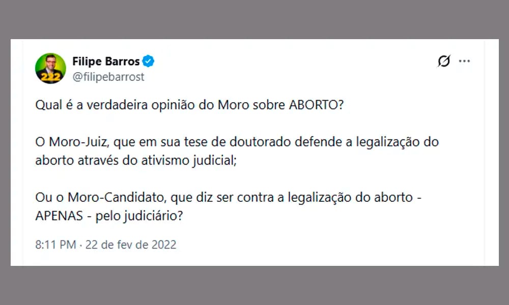 Post de Filipe Barros reacende dúvida sobre posição de Sergio Moro sobre aborto