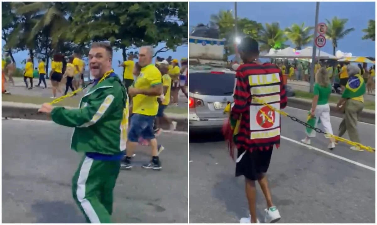 Bolsonarista acorrenta homem negro com adesivo do PT em ato de Flávio Bolsonaro no RJ