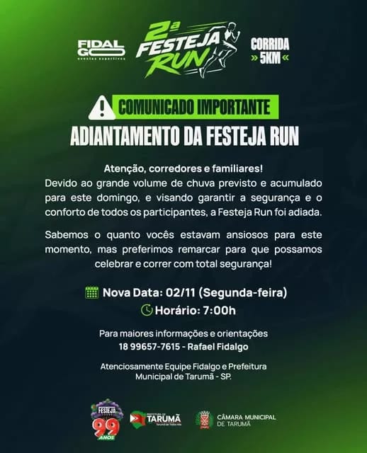 Festeja Run: Prefeitura de Tarumã/SP transfere evento para o dia 02/11 devido à previsão de chuvas