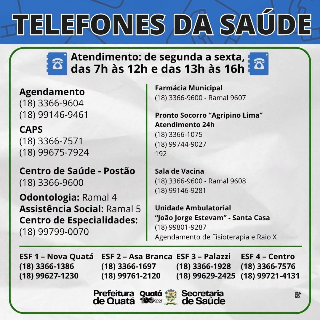 PREFEITURA DE QUATÁ DIVULGA TELEFONES DOS SERVIÇOS DE SAÚDE DO MUNICÍPIO