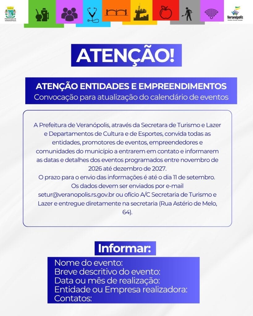 Veranópolis convoca entidades e empreendimento para atualização do calendário de eventos
