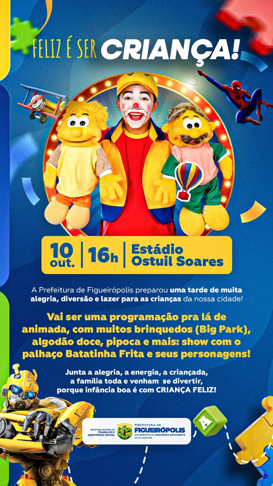Prefeitura de Figueirópolis realiza programação especial para crianças no sábado, dia 10 de outubro a partir das 16h no
