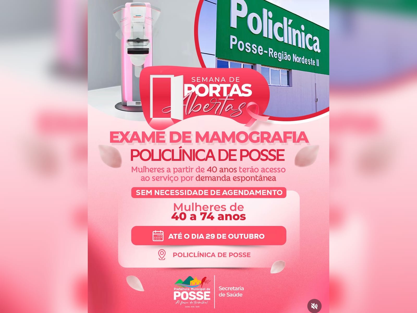 Exames de mamografia sem agendamento para mulheres de 40 a 74 anos são oferecidos gratuitamente em Posse-GO
