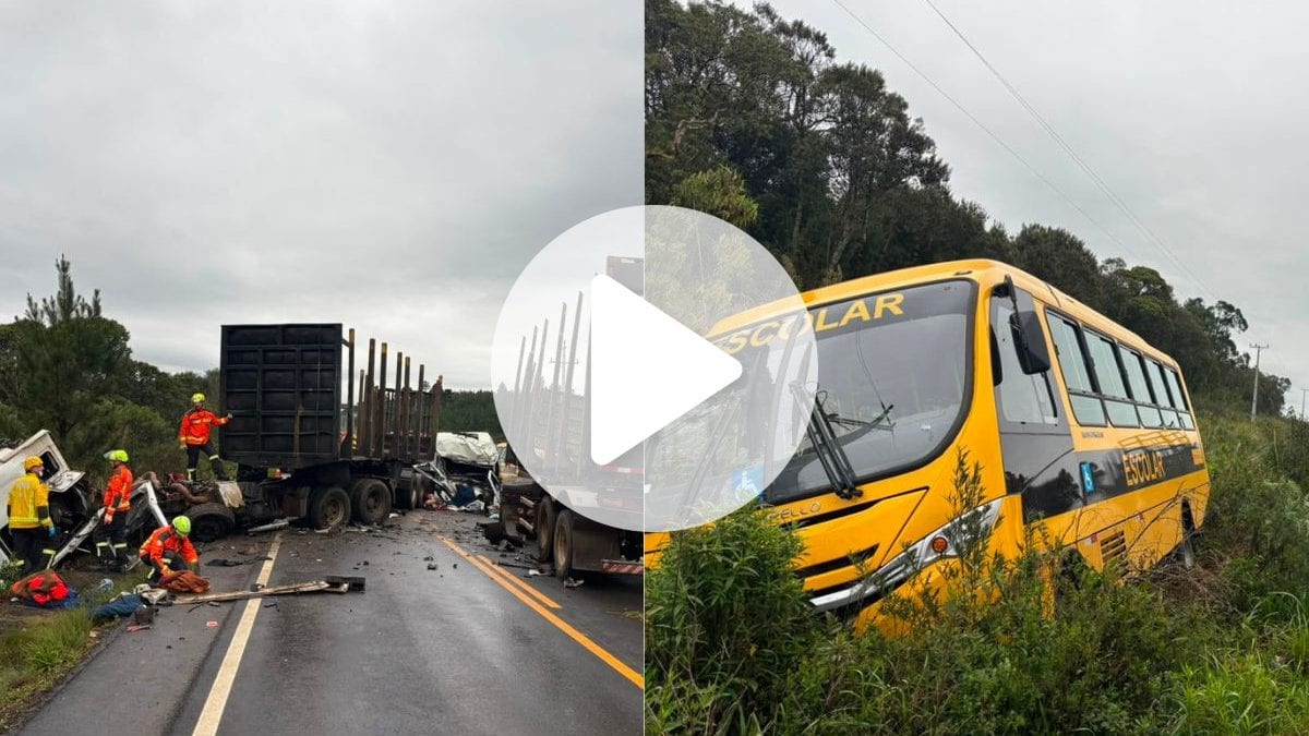Grave acidente entre carretas e ônibus escolar deixa duas pessoas gravemente feridas em rodovia de pequena cidade de SC