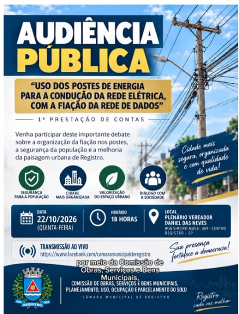 Registro: Câmara faz audiência hoje sobre organização da fiação nos postes