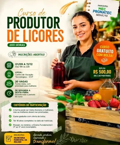 Augustinópolis oferece curso gratuito de Produtor de Licores com bolsa de R$ 500 para os participantes