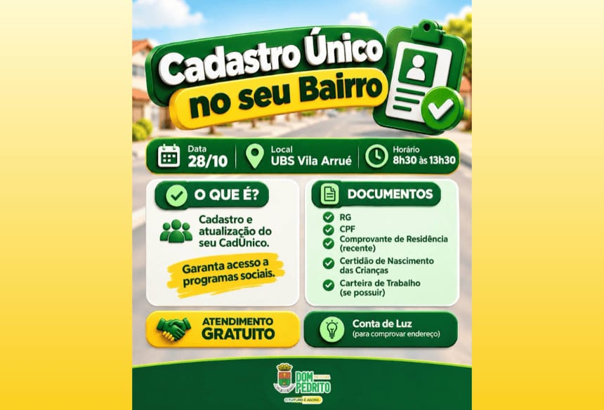 Cadastro Único no Seu Bairro: Vila Arrué recebe ação da Prefeitura nesta quarta-feira