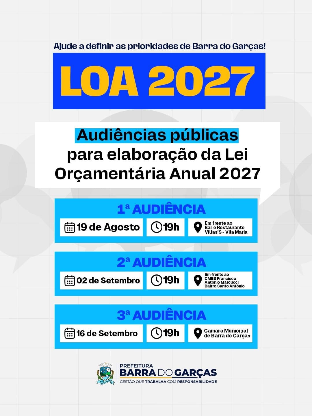 Segunda audiência da LOA 2027 será realizada no bairro Santo Antônio nesta quarta-feira (2/9)🗣️🏛️📈✅Moradores poderão