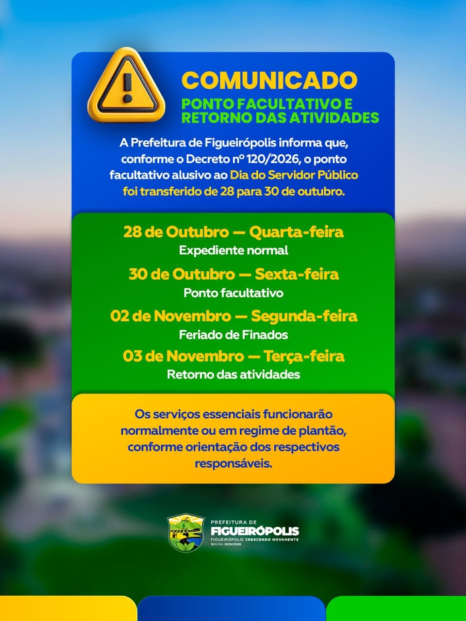 ATENÇÃO – Ponto facultativo do Dia do Servidor nesta quarta-feira (28) na Prefeitura de Figueirópolis, foi transferido p