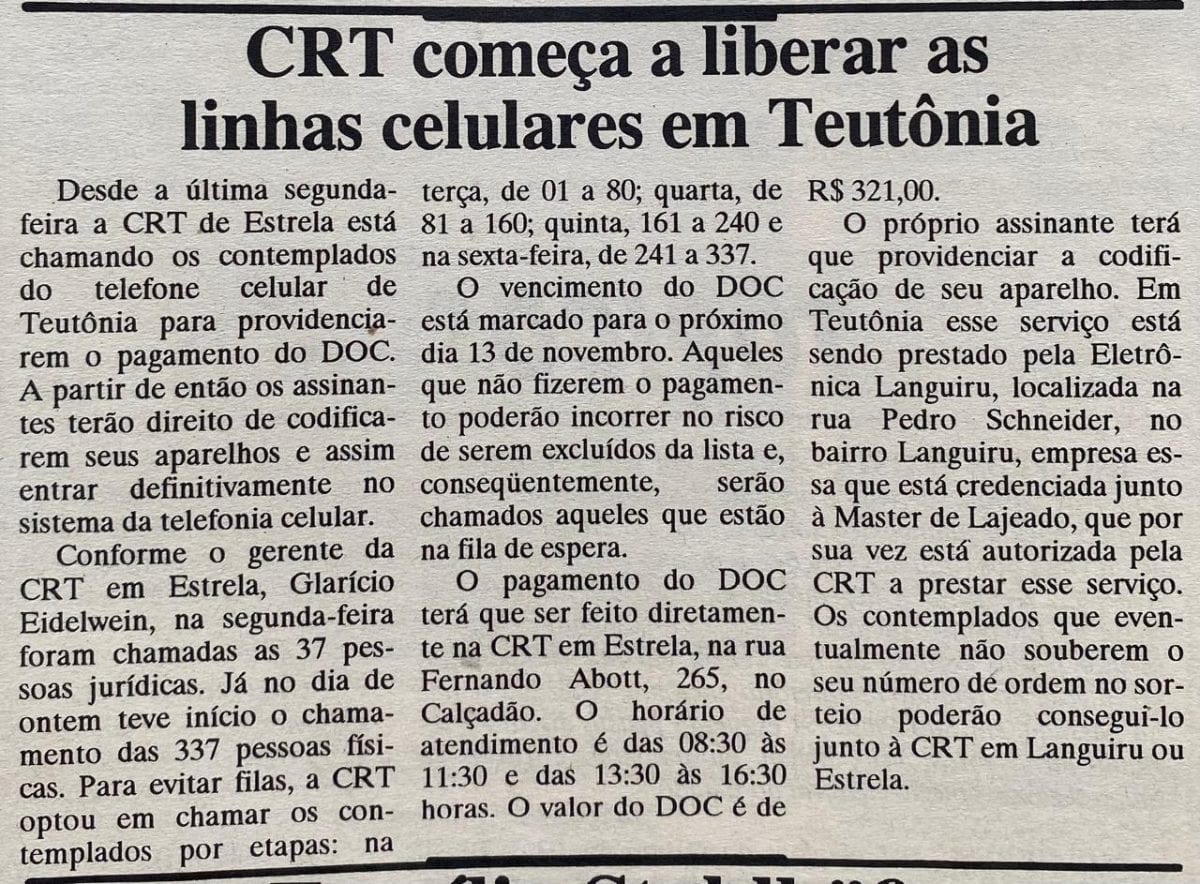 Há 30 anos: CRT iniciava convocação de contemplados para linhas de celular em Teutônia