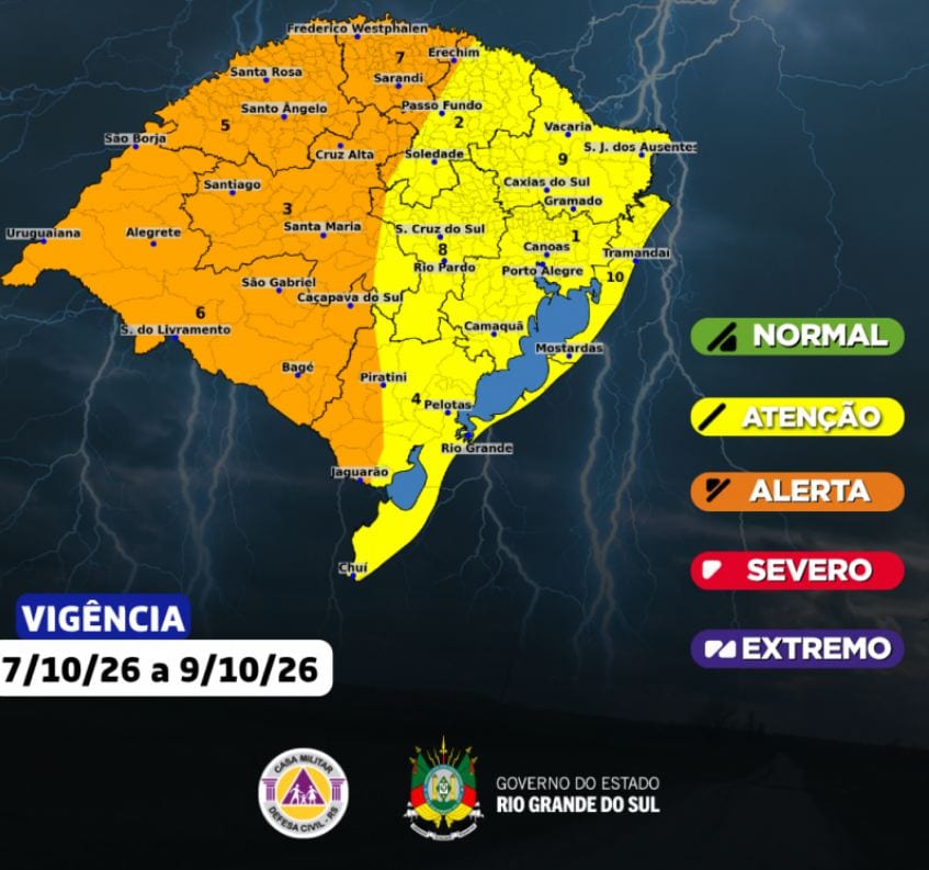 Alerta para temporais com granizo e chuva forte no RS entre quarta e sexta-feira
