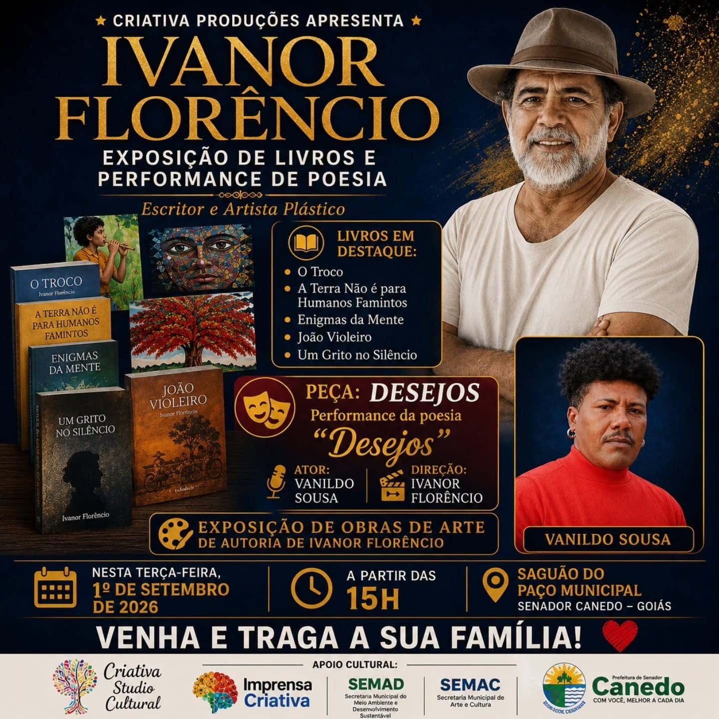 Ivanor Florêncio leva literatura, poesia, teatro e artes plásticas ao Paço Municipal de Senador Canedo