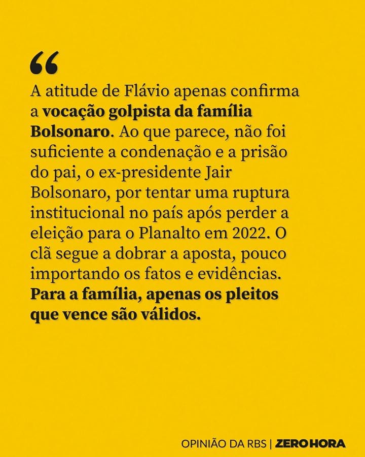 OPINIÃO DA RBS O editorial desta quarta-feira (28) analisa a primeira manifestação de Flávio Bolsonaro (PL) após a fuga