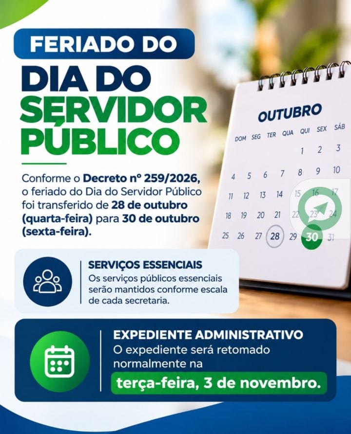 O Governo de Porangatu informa que, conforme o Decreto nº 259/2026, o feriado do Dia do Servidor Público foi transferido