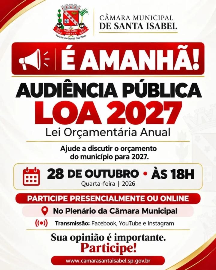 É AMANHÃ! Participe da discussão sobre o orçamento de Santa Isabel para 2027.