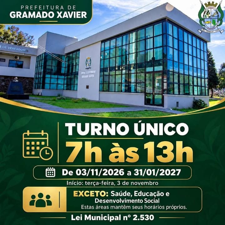 PREFEITURA DE GRAMADO XAVIER ADOTARÁ TURNO ÚNICO A PARTIR DE 3 DE NOVEMBRO