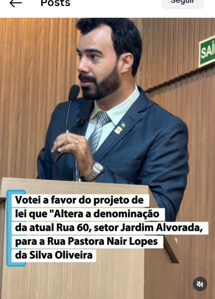 Projeto renomeia Rua 60 para Pastora Nair Lopes em Palmeiras de Goiás