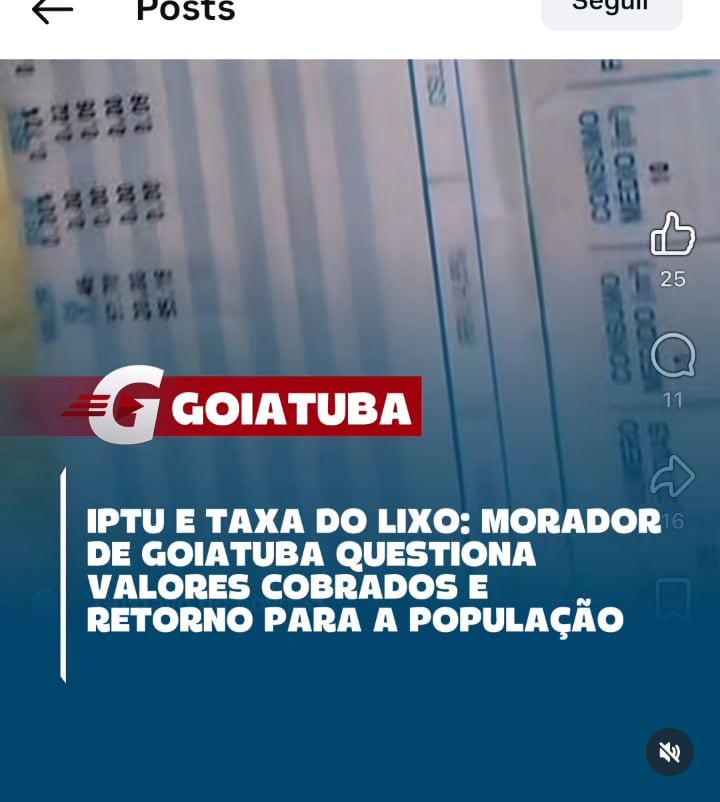Morador de Goiatuba mostra aumento do IPTU e nova taxa de lixo na conta de água