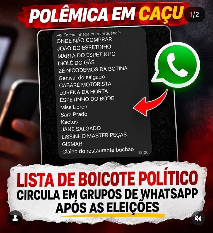 LISTA DE BOICOTE POLÍTICO CONTRA COMERCIANTES CIRCULA EM GRUPOS DE WHATSAPP EM CAÇU