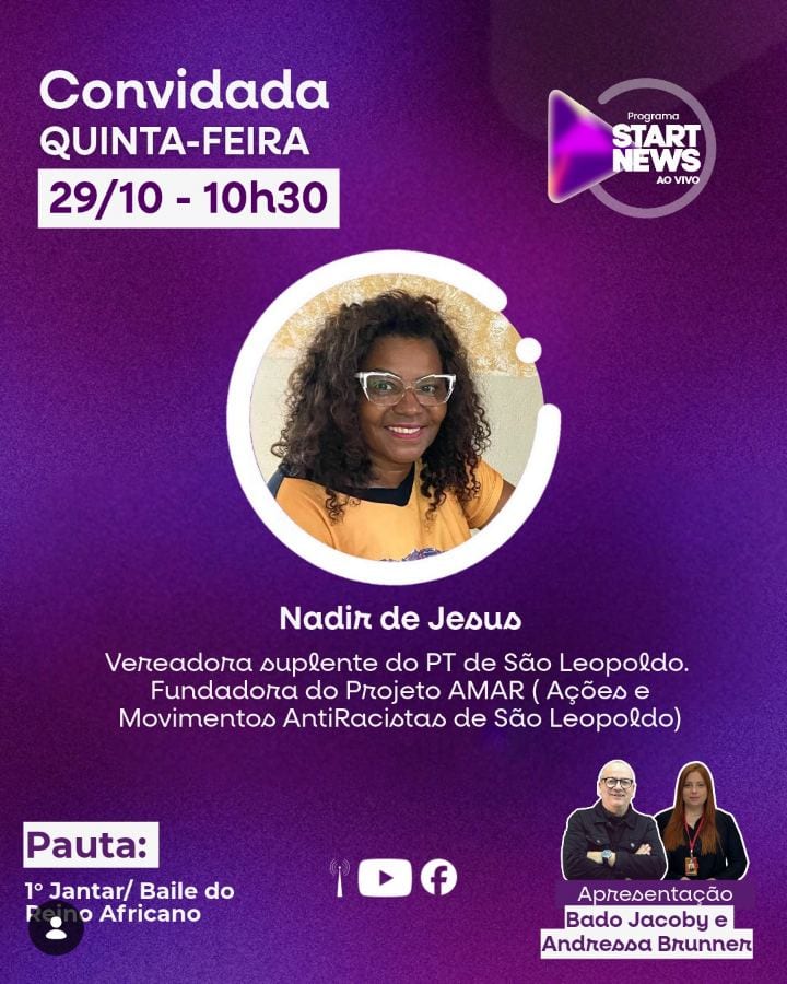 O programa Start News desta quinta-feira (29) recebe Nadir de Jesus, vereadora suplente do PT de São Leopoldo e fundador