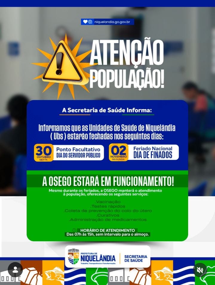 A Prefeitura de Niquelândia, por meio da Secretaria Municipal de Saúde, informa que as Unidades Básicas de Saúde (UBS) e