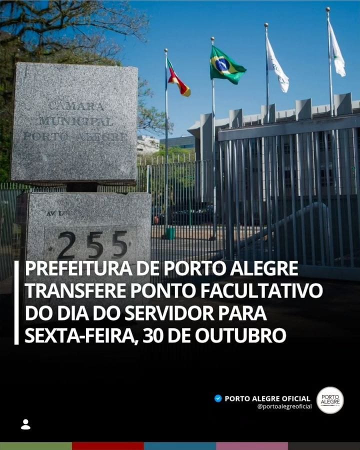 A Prefeitura de Porto Alegre transferiu para sexta-feira (30) o ponto facultativo em referência ao Dia do Servidor Públi
