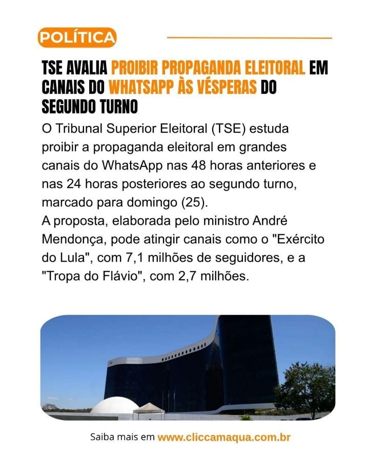 TSE pode proibir propaganda em grandes canais do WhatsApp no 2º turno