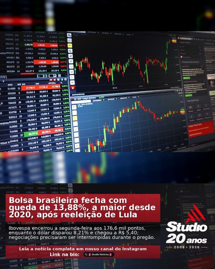 #Economia | Bolsa brasileira fecha com queda de 13,88%, a maior desde 2020, após reeleição de Lula |