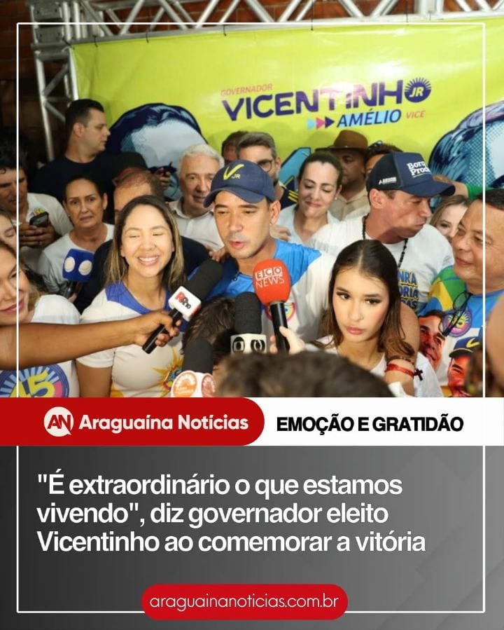 Em seu primeiro discurso após ser eleito governador do Tocantins, Vicentinho Júnior (PSDB) agradeceu aos apoiadores, às