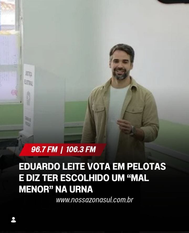 Eduardo Leite vota em Pelotas e diz ter escolhido um “mal menor” no segundo turno.