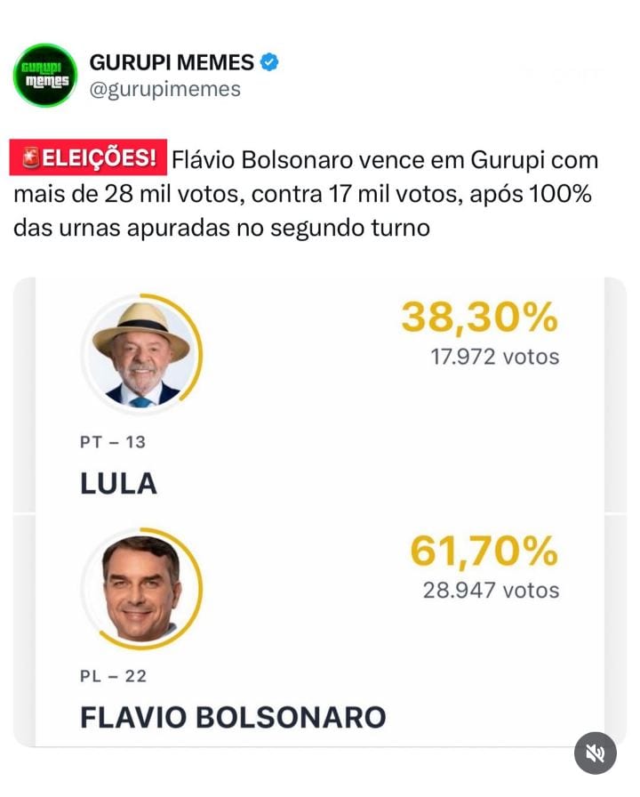 Com 100% das urnas apuradas neste domingo (25), Flávio Bolsonaro (PL) venceu Luiz Inácio Lula da Silva (PT) em Gurupi, n