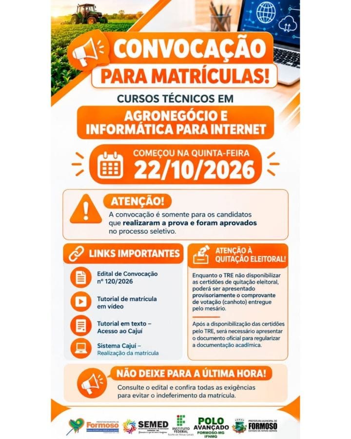 JÁ COMEÇOU A CONVOCAÇÃO PARA MATRÍCULAS DOS CURSOS TÉCNICOS EM AGRONEGÓCIO E INFORMÁTICA PARA INTERNET!