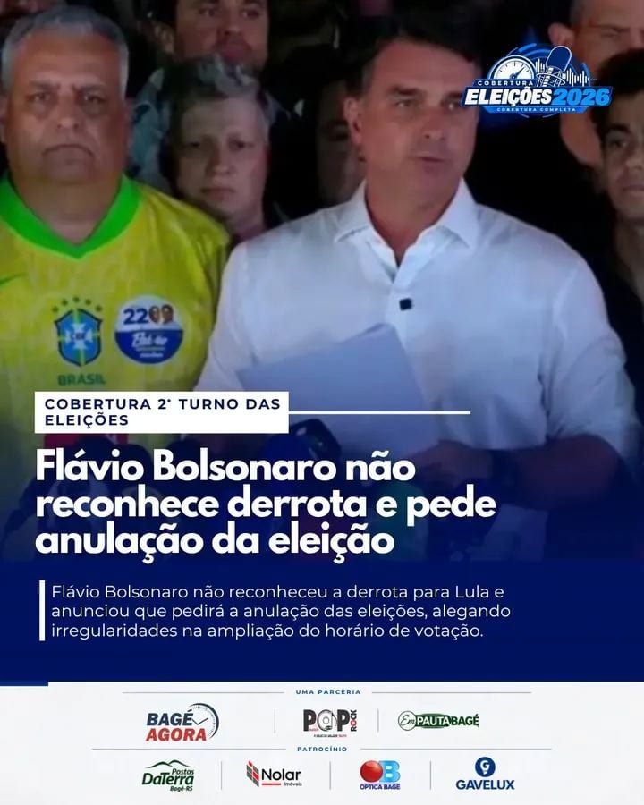 Flávio Bolsonaro (PL) anunciou que pretende pedir a anulação do segundo turno das eleições presidenciais após ser derrot